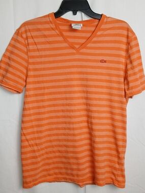 Lacoste Men's Orange Striped V-Neck Shirt - Medium